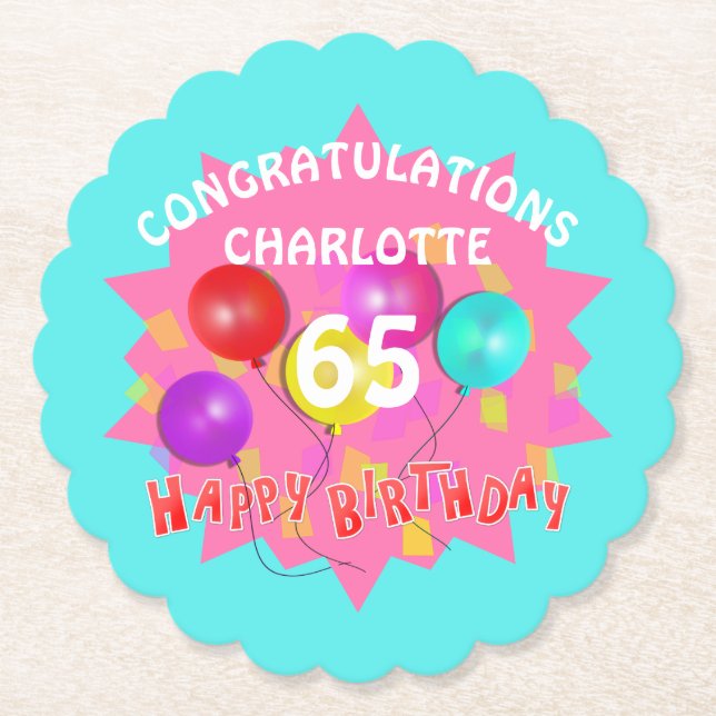 Happy Birthday Fun 65th Milestone Personalised Paper Coaster (Front)