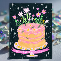 Happy Birthday Fun Cake with Pink Flowers Gouache