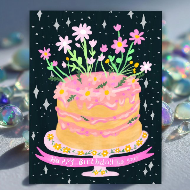 Happy Birthday Fun Cake with Pink Flowers Gouache  Postcard (Happy Birthday Fun Cake with Pink Flowers Gouache Postcard
)