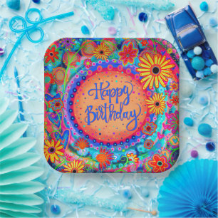 Happy Birthday Fun Colourful Floral Inspirivity Paper Plate