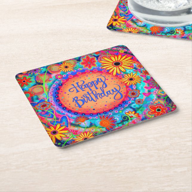 Happy Birthday Fun Colourful Floral Inspirivity Square Paper Coaster (Angled)