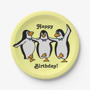 Happy Birthday! Fun Dancing Penguins Paper Plate