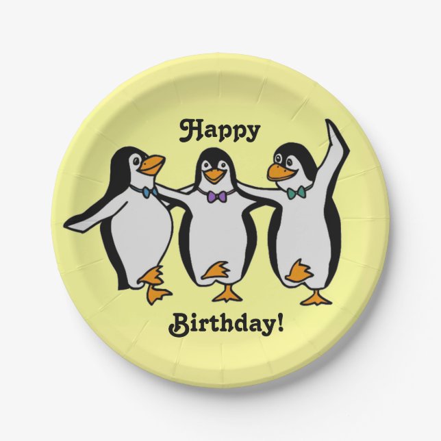Happy Birthday! Fun Dancing Penguins Paper Plate (Front)