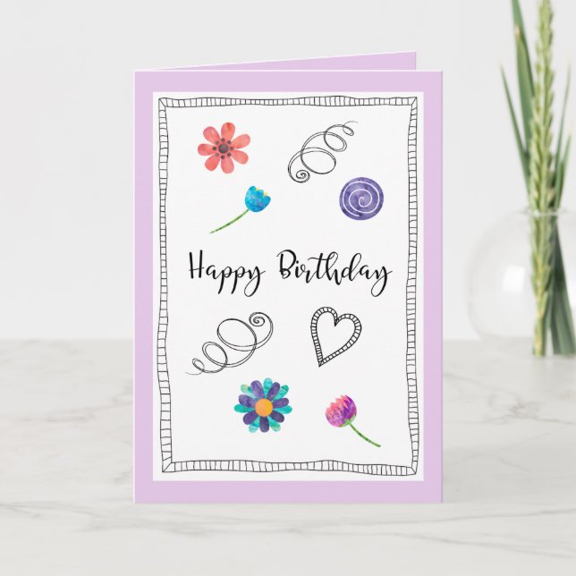 Happy Birthday Fun Flowers Swirlies Heart Greeting Card (Front)
