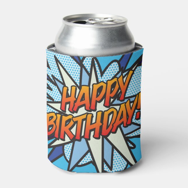 HAPPY BIRTHDAY Fun Modern Comic Book Blue Can Cooler (Can Front)