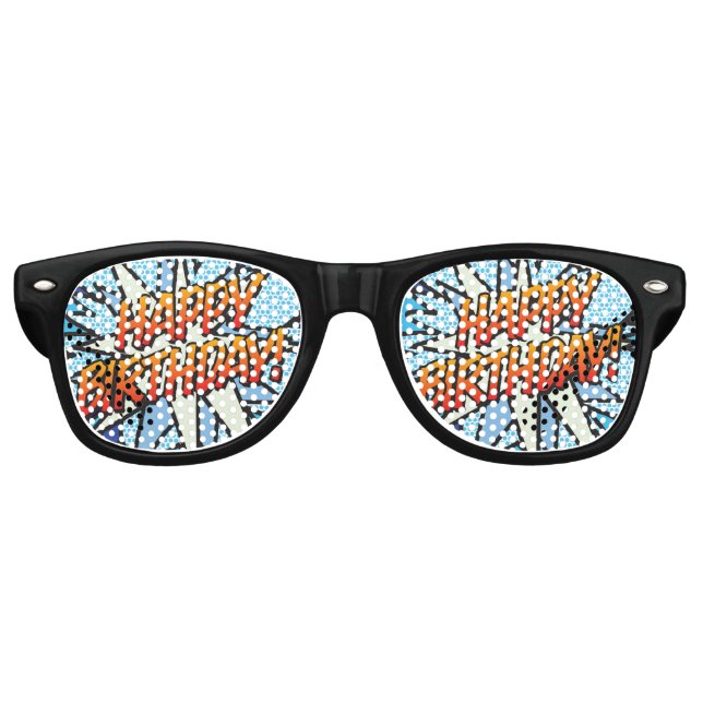 HAPPY BIRTHDAY Fun Modern Comic Book Blue Retro Sunglasses (Front)