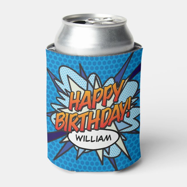 HAPPY BIRTHDAY Fun Modern Personalised Blue Can Cooler (Can Front)