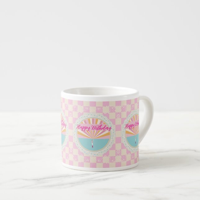 Happy Birthday Fun Mug, Cute Pink Rainbow Espresso Cup (Front Right)