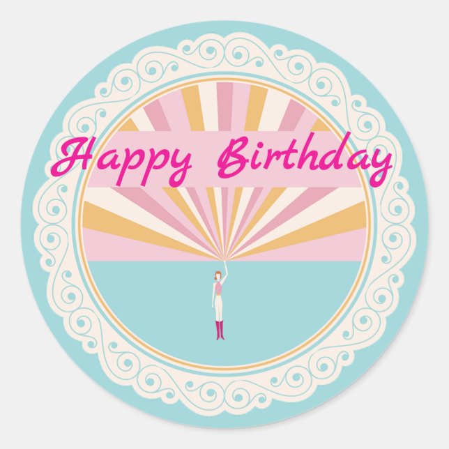 Happy Birthday Fun Party Cup, Pink Rainbow Classic Round Sticker (Front)