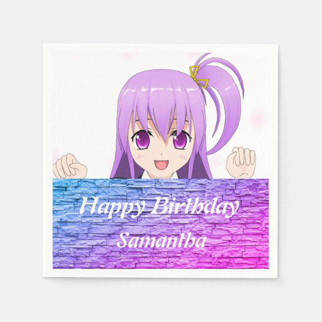 Happy Birthday fun pink purple anime kawaii girl Napkin (Front)