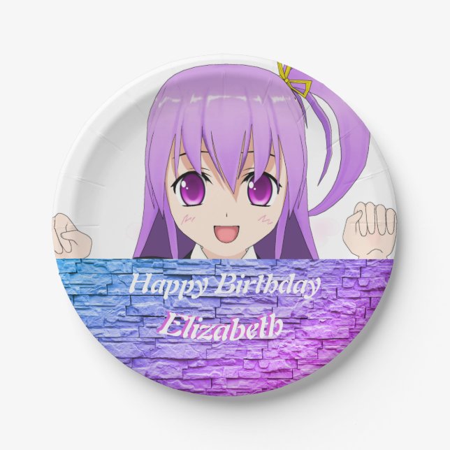 Happy Birthday fun pink purple anime kawaii girl Paper Plate (Front)