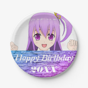 Happy Birthday fun pink purple anime  Paper Plate