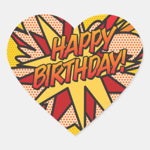 HAPPY BIRTHDAY Fun Retro Comic Book Heart Sticker