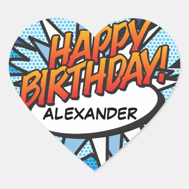 HAPPY BIRTHDAY Fun Retro Comic Book Heart Sticker (Front)