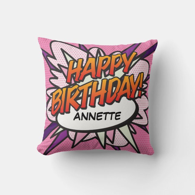 HAPPY BIRTHDAY Fun Retro Comic Book Pop Art Cushion (Front)