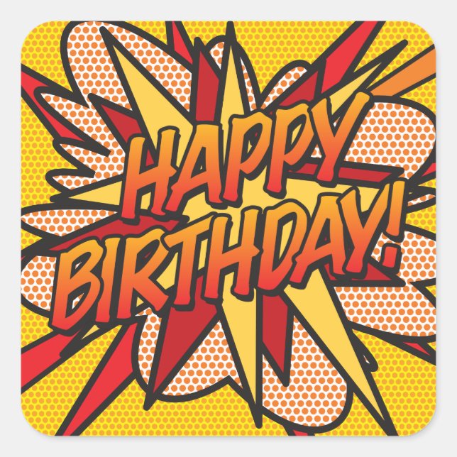 HAPPY BIRTHDAY Fun Retro Comic Book Square Sticker (Front)