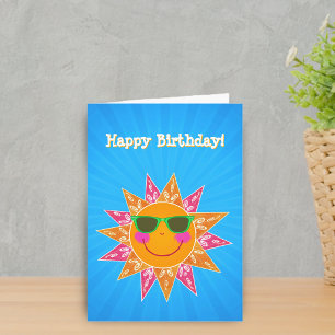 Happy Birthday Fun Sun Orange Pink Bright Blue Card