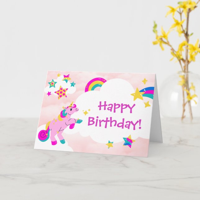 Happy Birthday Fun Unicorn And Rainbow Pink Design Card (Yellow Flower)