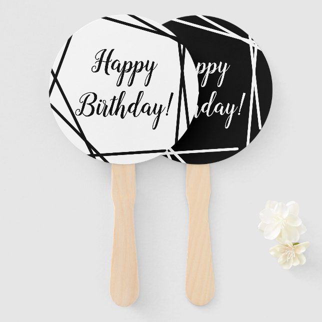 Happy Birthday Funky Geometric Black and White Hand Fan (Front and Back)