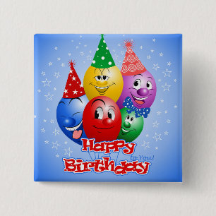 Happy Birthday Funny Balloons, 15 Cm Square Badge
