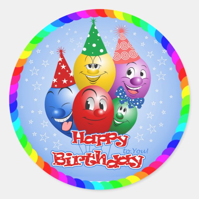 Happy Birthday Funny Balloons Classic Round Sticker (Front)