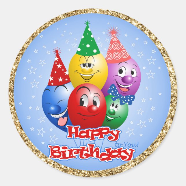Happy Birthday Funny Balloons Classic Round Sticker (Front)