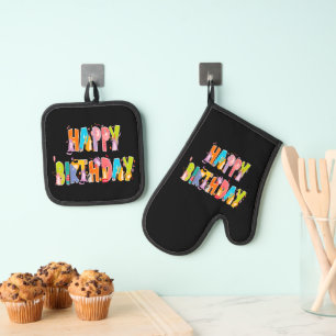 Happy Birthday Funny Cat Lover Bday Celebration Oven Mitt & Pot Holder Set