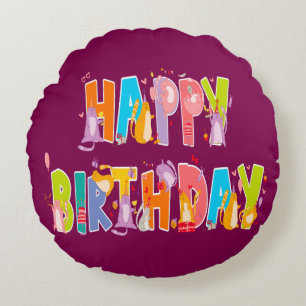 Happy Birthday Funny Cat Lover Bday Celebration Round Cushion
