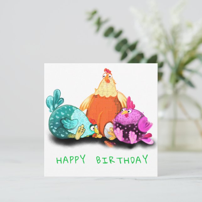 Happy Birthday - Funny Chickens Waiting Egg Hatch (Standing Front)