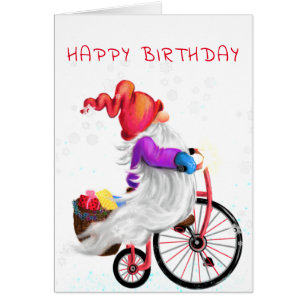 Happy Birthday - Funny Gnome with Bike and Gifts