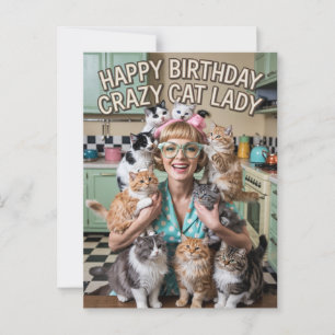 Happy Birthday funny retro Crazy Cat Lady Postcard