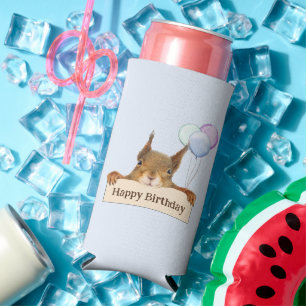 Happy Birthday Funny Squirrel Balloon Custom Text  Seltzer Can Cooler