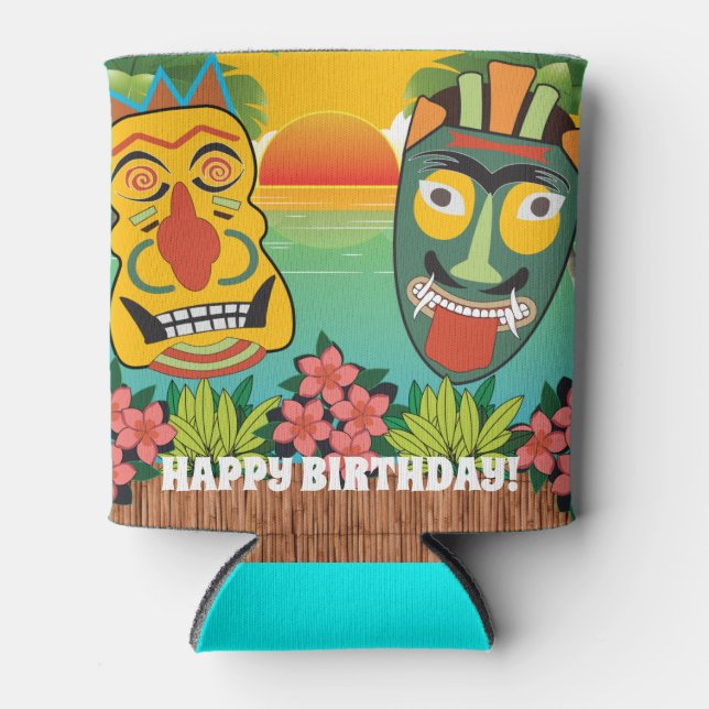 Happy Birthday Funny Tiki Faces Sunset  Can Cooler (Front)