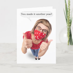 Happy Birthday Funny Woman in Pandemic Face Mask Holiday Card