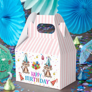 Happy Birthday Gable Favor Box Pink Stripe Monkeys