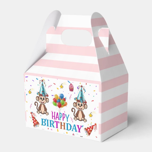 Happy Birthday Gable Favor Box Pink Stripe Monkeys (Front Side)