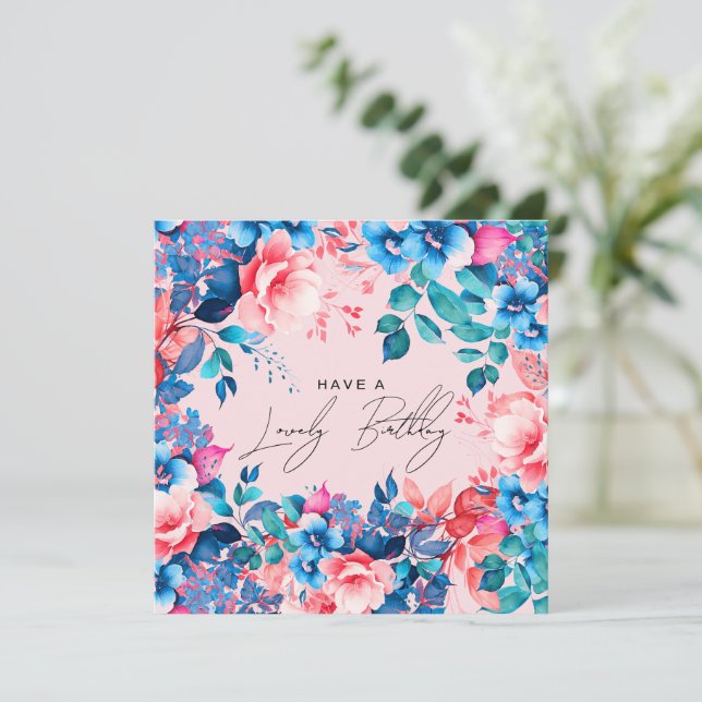 Happy Birthday Garden Floral Blue Pink Blush Card (Standing Front)