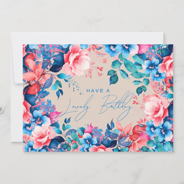 Happy Birthday Garden Floral Blue Pink Champagne Card (Front)