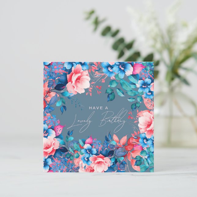 Happy Birthday Garden Floral Blush Dusty Blue Card (Standing Front)