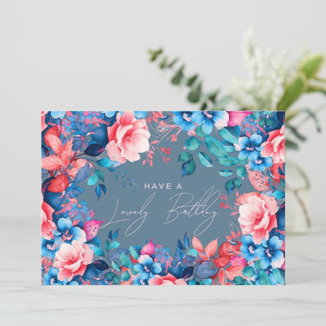 Happy Birthday Garden Floral Dusty Blue Blush Card (Standing Front)
