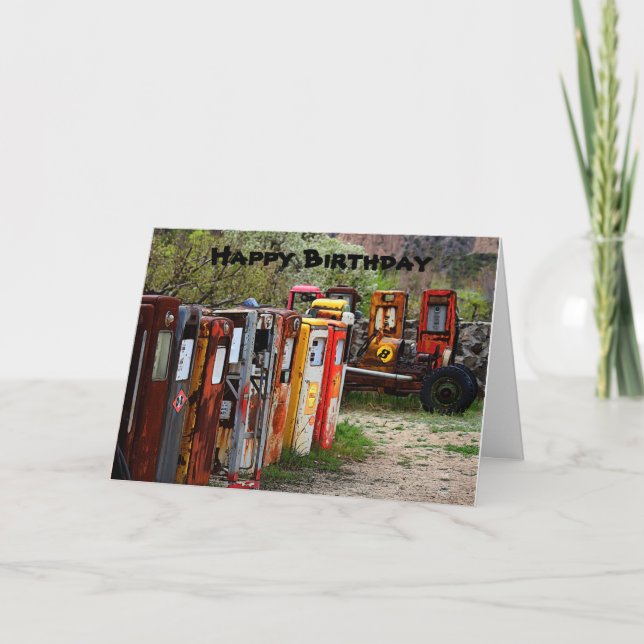 Happy Birthday Gas Pumps, Race Car Humor Card (Front)