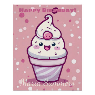 Happy Birthday Gelato Ice-cream Kawaii Cartoon Poster