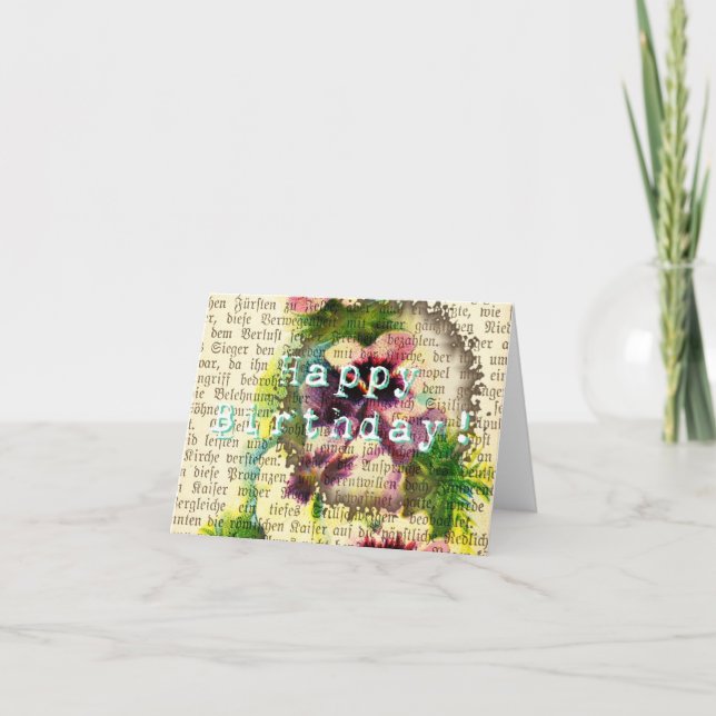 Happy Birthday German Script Pansy Coffee Stain Card (Front)