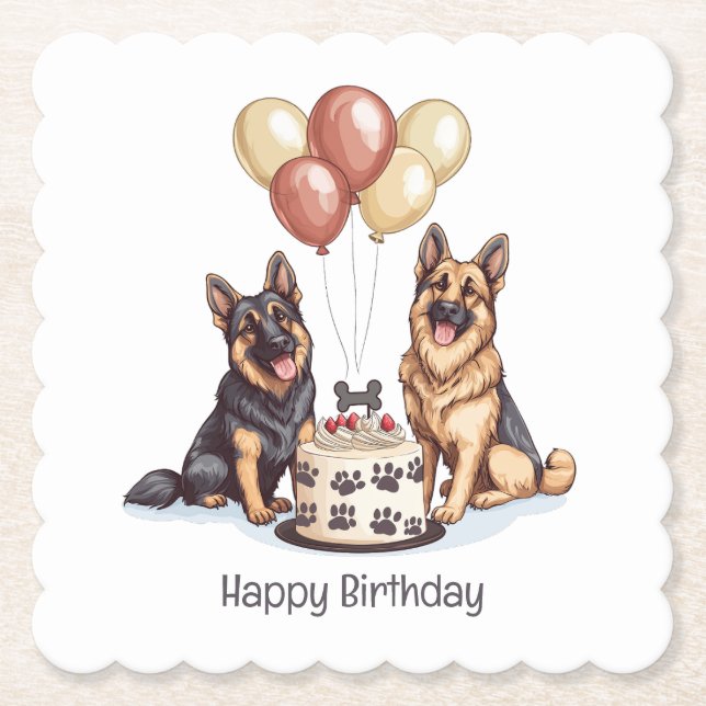 Happy Birthday German Shepherd Dogs Birthday Cake Paper Coaster (Front)