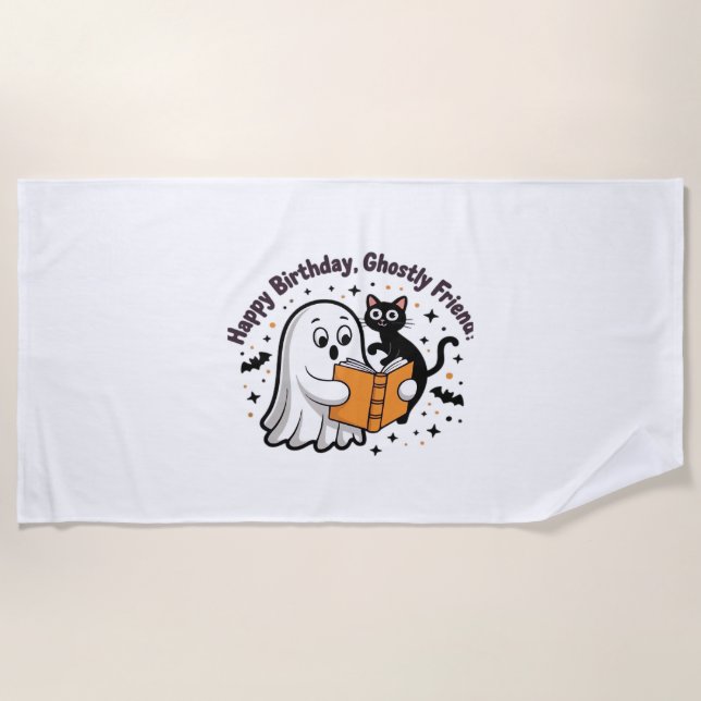 Happy Birthday Ghost Cat PNG - Spooky Cute Classic Beach Towel (Front)
