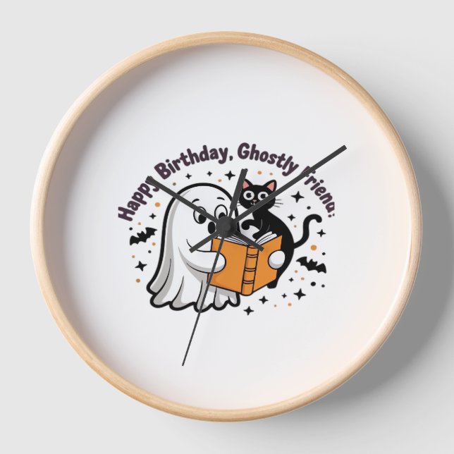 Happy Birthday Ghost Cat PNG - Spooky Cute Classic Clock (Front)