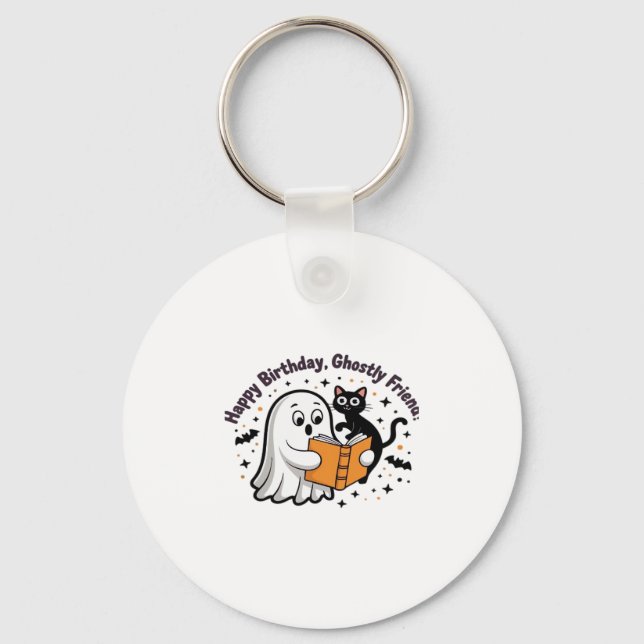 Happy Birthday Ghost Cat PNG - Spooky Cute Classic Key Ring (Front)