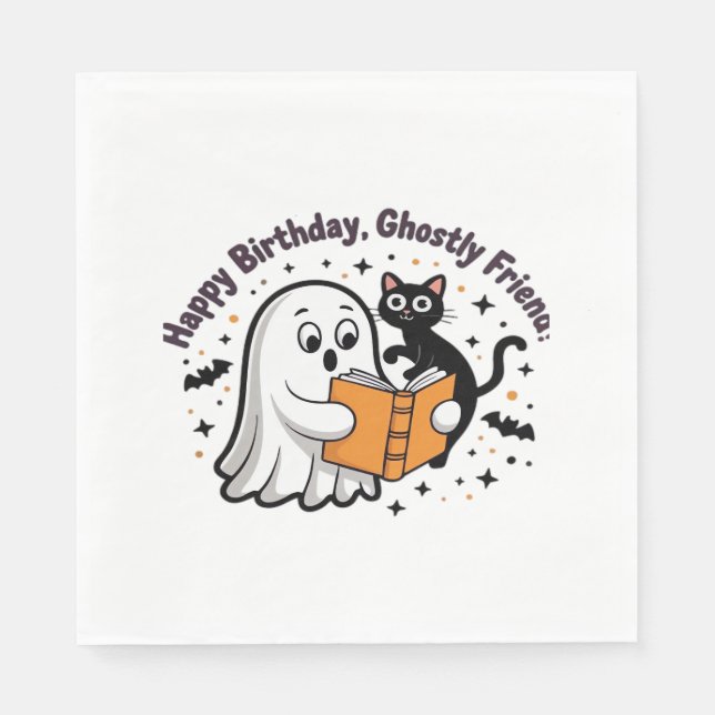 Happy Birthday Ghost Cat PNG - Spooky Cute Classic Napkin (Front)
