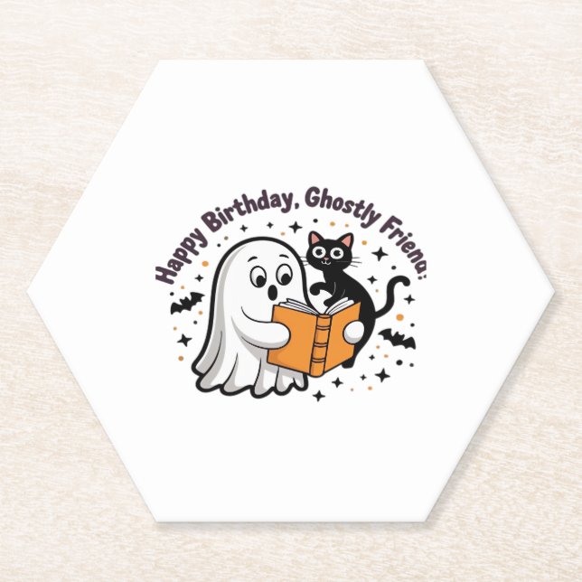 Happy Birthday Ghost Cat PNG - Spooky Cute Classic Paper Coaster (Front)