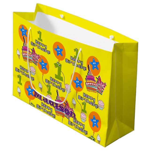 Happy Birthday Gift Bag #1 First Birthday Yellow (Front Angled)